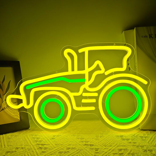 Yellow tractor neon sign – LED wall decor for kids room or farm-themed spaces